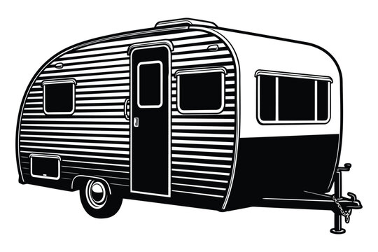 Vector art of a vintage camper trailer with a striped pattern, showcasing its classic design and compact structure, perfect for travel and outdoor adventures