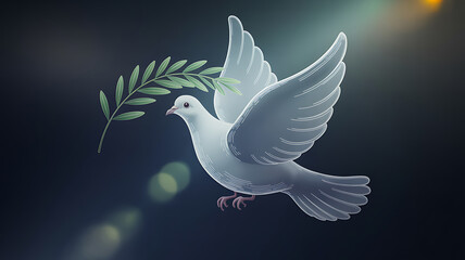 Fototapeta premium Symbolic white dove carrying an olive branch in flight against a dark background with light flares