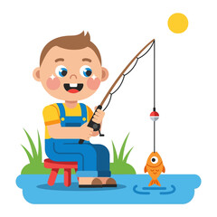 Cartoon illustration of a young boy fishing, seated on a stool by a blue river with a caught fish on the line under a bright sun. © Mukhamad