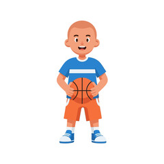 A cheerful, bald young boy stands holding a basketball, dressed in a blue t-shirt and orange shorts, ready for a game.