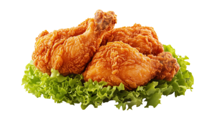 Crispy fried chicken pieces on lettuce isolated on a transparent background