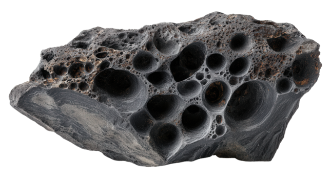 Scoria fragment background isolated on a Transparent background, PNG file.