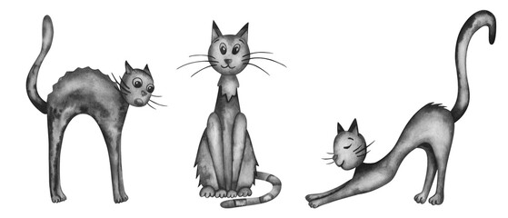 Watercolor illustration. Set of cats. Hand painted black cats sitting, stretching, scared. Domestic pets. Cute kittens. Cartoon character. Isolated animal clip art for cards, posters, packaging paper