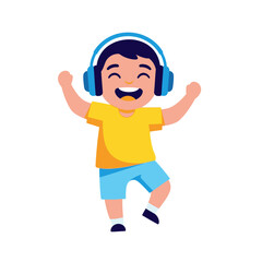 Happy young boy wearing blue headphones, smiling and dancing with raised arms.