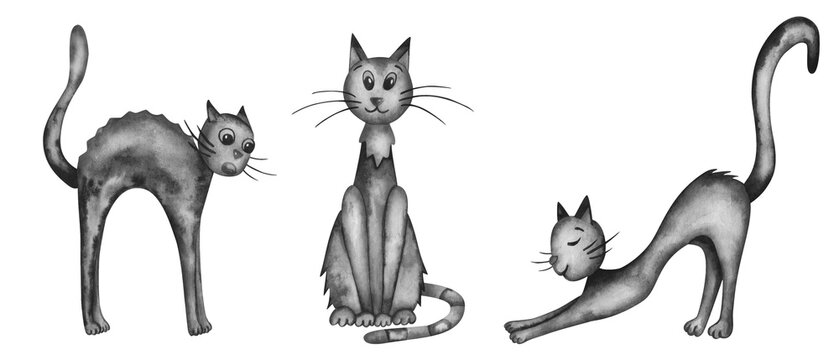Watercolor illustration. Set of cats. Hand painted black cats sitting, stretching, scared. Domestic pets. Cute kittens. Cartoon character. Isolated animal clip art for cards, posters, packaging paper