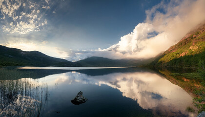 Serene Lake Surrounded By Gentle Clouds