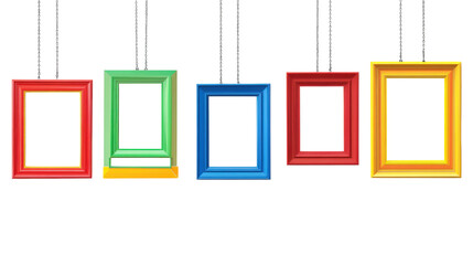 Five colorful photo frames arranged in a row isolated on a transparent background