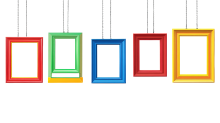 Five colorful photo frames arranged in a row isolated on a transparent background