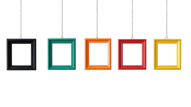 Five colorful square picture frames hanging isolated on a transparent background