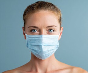 A woman wearing a light-blue face mask,  exudes calmness and serenity against a muted backdrop.  Her expression is composed and reassuring.