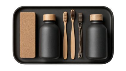 Dark tray with black bottles, wooden brushes, and accessories