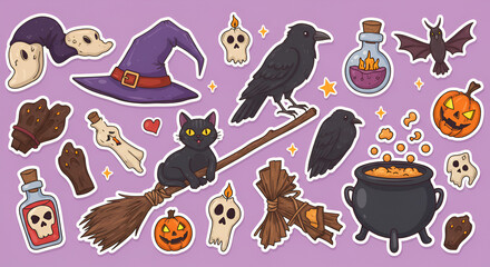Cute Halloween Sticker Set with Witchy Elements and Spooky Icons on Purple Background