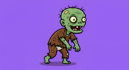 Cartoon Zombie Character Illustration on a Purple Background for Halloween