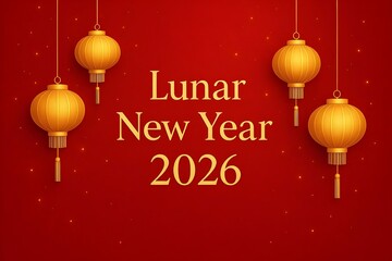 Red festive background with golden lanterns and &ldquo;Lunar New Year 2026&rdquo; text in elegant font.