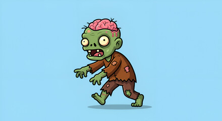Fototapeta premium Cartoon zombie character illustration walking menacingly on a light blue background