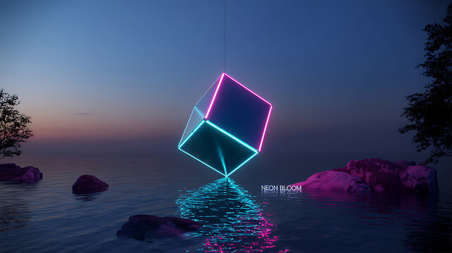 Abstract glowing neon cube floating above calm water at twilight with colorful reflections