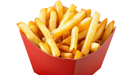 French fries in red paper box isolated on a transparent background