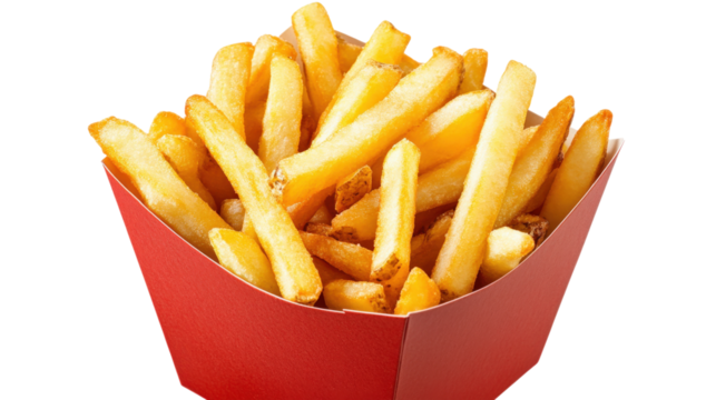 French fries in red paper box isolated on a transparent background