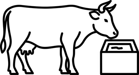 Obraz premium Cow standing by a trough with water. Farm animal concept. Simple line art style. Agricultural livestock illustration vector icon for dairy product