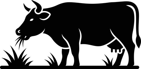 Obraz premium Black cow or cattle grazing grass concept. Animal living on farm. Simple silhouette graphic icon or symbol for dairy product, meat, agriculture illustration