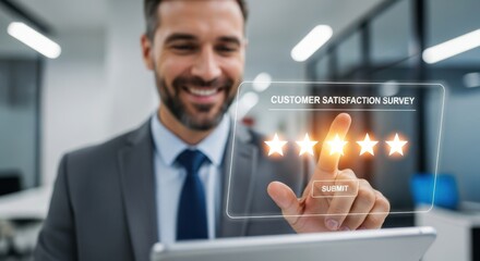 Smiling businessman in suit interacting with glowing star rating hologram on tablet screen