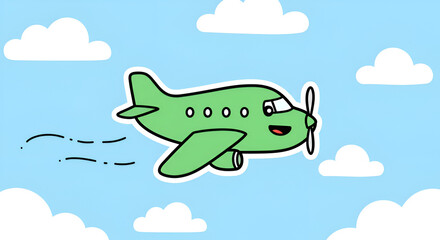 Fototapeta premium Cartoon Airplane Flying in a Blue Sky with Fluffy White Clouds Background