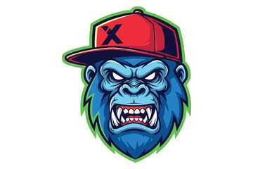 Vector art of, a fierce gorilla head vector illustration with a red cap, showcasing a modern and edgy design perfect for sports team or gaming logo