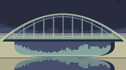 A stylized illustration of a bridge over water with a city skyline reflected underneath it all calm and serene