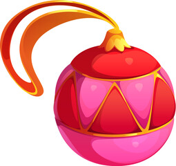 Cartoon traditional Japanese Kimekomi New Year ball with intricate fabric segments in red, pink, and gold, symbolizing celebration, elegance and tradition. Vector festive ornament or cultural gift