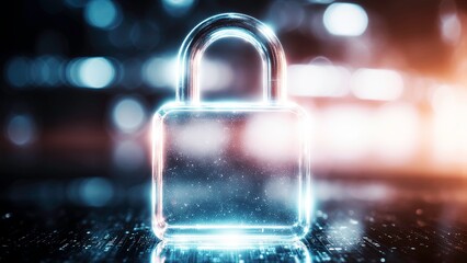 high tech visualization of cybersecurity threats a transparent padlock glowing with neon blue lights 3d render