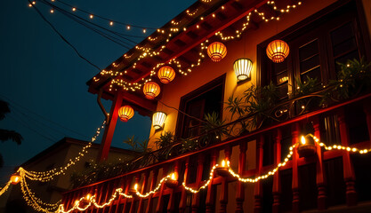 Obraz premium Festively decorated balcony, lanterns burning, night.