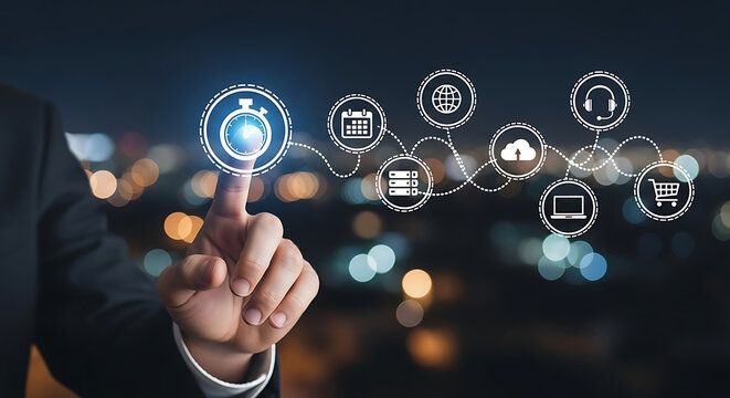 Finger touching stopwatch icon in a network of digital business and technology icons image