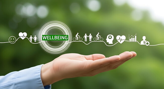 Hand holding digital icons representing wellbeing and healthy lifestyle image photo