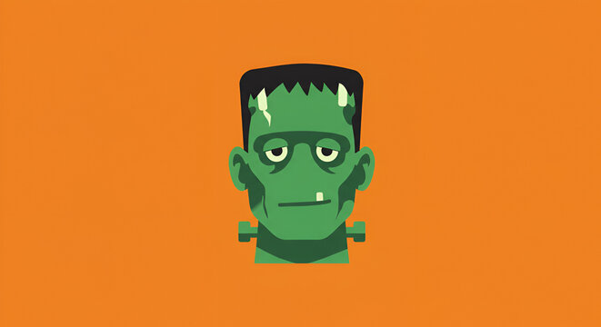 Frankenstein's Monster Head Illustration with Green Skin and Orange Background