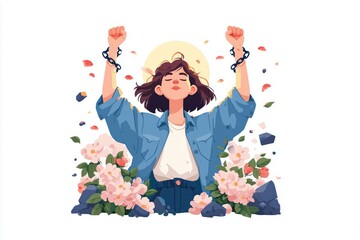 A woman triumphantly raises her fists in victory, breaking free from chains, surrounded by blooming flowers. The bright, empowering image symbolizes freedom and victory over domestic violence, with ho