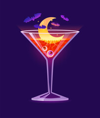 Halloween cocktail drink glass or scary potion cup for horror night holiday, cartoon vector. Halloween trick or treat party monster cocktail or spooky drink with dead zombie eyes, moon and witch bats