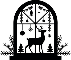 Silhouette of a deer in a window with christmas decorations and pine trees
