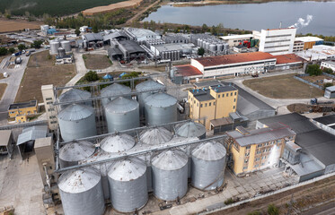 Aerial view to a metal silos and wine factory near to Karnobat, Bulgaria. Karnobat wine industry