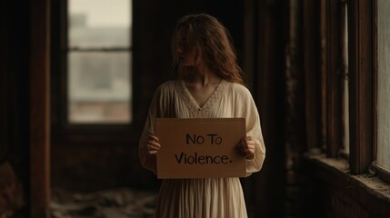 ChatGPT сказал:

A woman stands confidently holding a sign that reads "No to Violence," set against a vibrant, artistic backdrop with a mix of urban decay and colorful flowers.