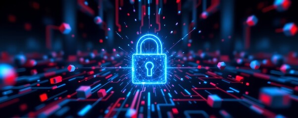 Fototapeta premium Digital lock made of glowing neon polygons, cyber protection concept, blue tech grid