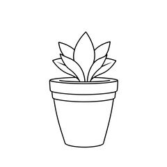 Fototapeta premium Potted plant illustration in black and white features simple line drawing, potted plant with stylized leaves in decorative pot.
