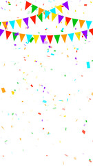 colorful confetti rain and birthday flags isolated on transparent background, vertical birthday party  celebration overlay vertical social media design element	