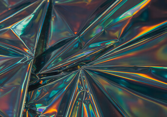 Glossy close-up crumpled colored metallic foil texture with light reflections