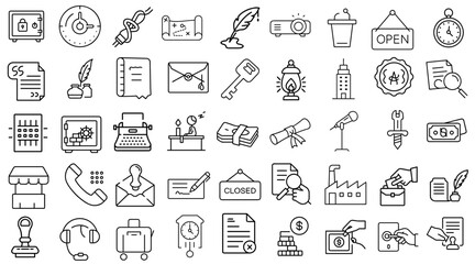 Collection of various office icons in monochrome style  