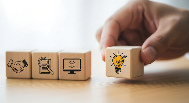 Hand placing wooden cube with lightbulb idea icon on blocks innovation creativity