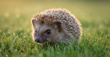 Cute European hedgehog foraging in dewy grass during golden hour morning light in a natural habitat.