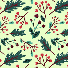 Merry Christmas and Happy Holidays. Seamless pattern with branches, berries.