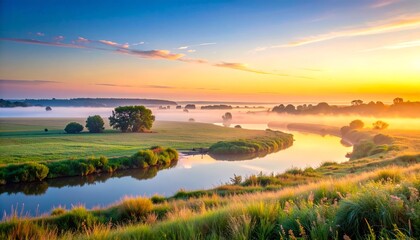 Obraz premium Sunrise golden light over calm river and misty meadow landscape