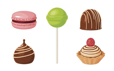 A colorful collection of six sweet confectionery items, including a macaron, lollipop, chocolates, and a raspberry tartlet.