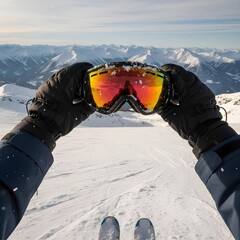 Person holding ski goggles in hand. Clean, close-up shot highlighting winter sports gear, reflective lenses, and sleek design, evoking skiing, snowboarding, and active outdoor lifestyle.